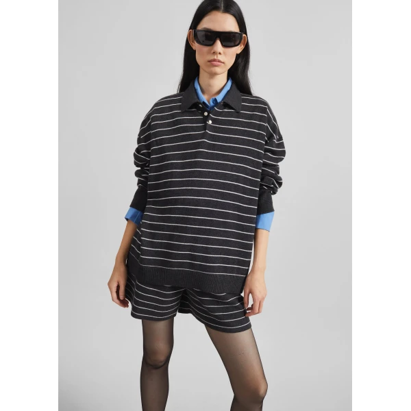 The Frankie Shop Nolma Knit Shorts - Grey/White Stripe - Oversized Minimalist Shorts in Grey - Shop at Luxury Shoes 
