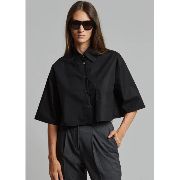 The Frankie Shop Odem Cropped Shirt - Black - Oversized Minimalist Tops in Black - Shop at Luxury Shoes 