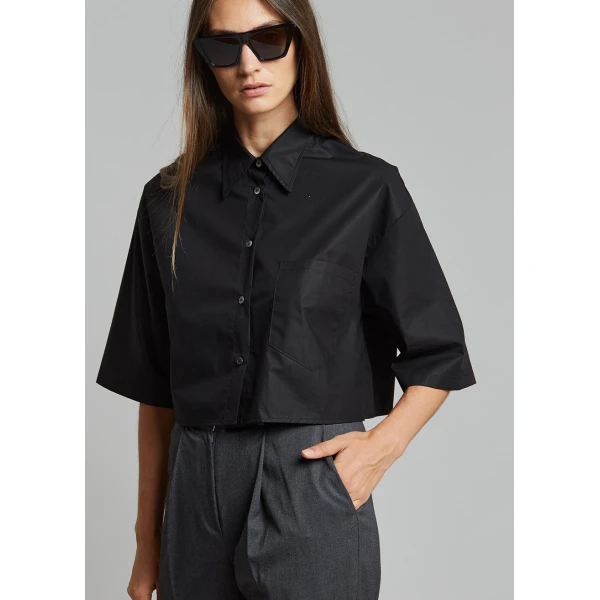 The Frankie Shop Odem Cropped Shirt - Black - Oversized Minimalist Tops in Black - Shop at Luxury Shoes 
