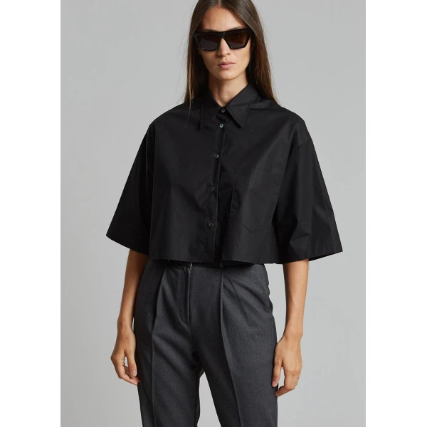 The Frankie Shop Odem Cropped Shirt - Black - Oversized Minimalist Tops in Black - Shop at Luxury Shoes 