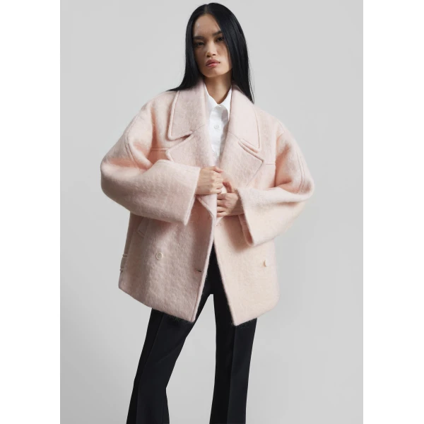 The Frankie Shop Odeone Brushed Wool Peacoat - Faded Pink - Oversized Minimalist Coats in Pink - Shop at Luxury Shoes 