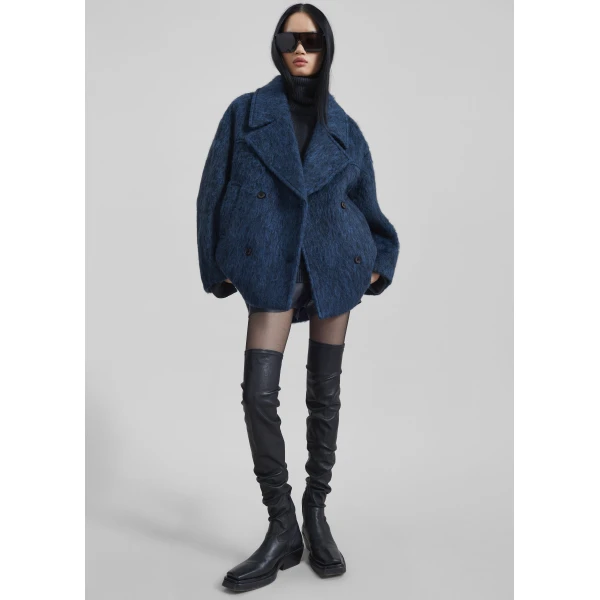 The Frankie Shop Odeone Brushed Wool Peacoat - Navy Melange - Oversized Minimalist Coats in Blue - Shop at Luxury Shoes 