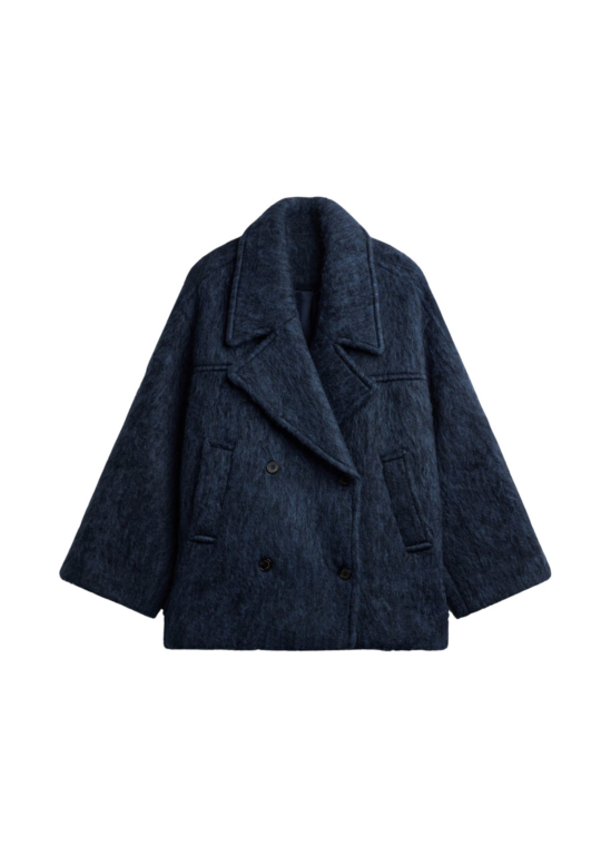 The Frankie Shop Odeone Brushed Wool Peacoat - Navy Melange - Oversized Minimalist Coats in Blue - Shop at Luxury Shoes 