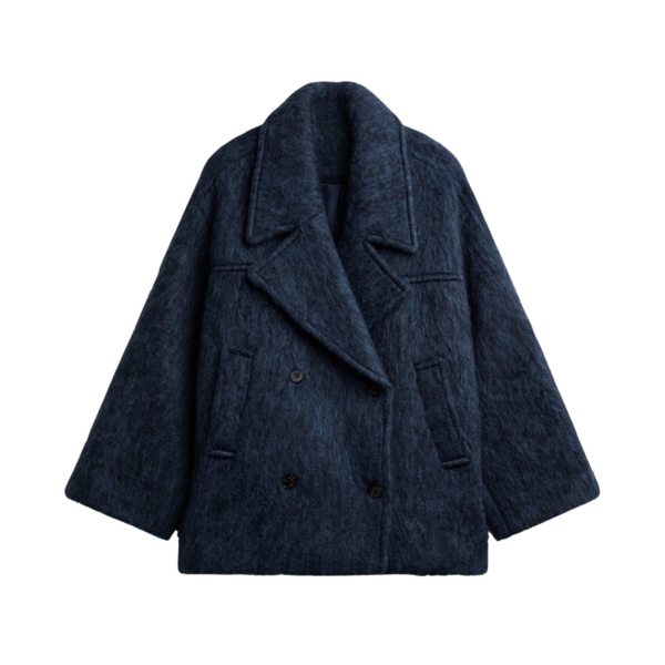 The Frankie Shop Odeone Brushed Wool Peacoat - Navy Melange - Oversized Minimalist Coats in Blue - Shop at Luxury Shoes 