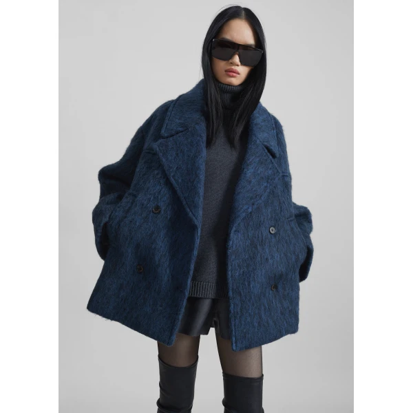 The Frankie Shop Odeone Brushed Wool Peacoat - Navy Melange - Oversized Minimalist Coats in Blue - Shop at Luxury Shoes 