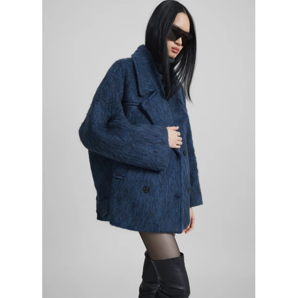The Frankie Shop Odeone Brushed Wool Peacoat - Navy Melange - Oversized Minimalist Coats in Blue - Shop at Luxury Shoes 