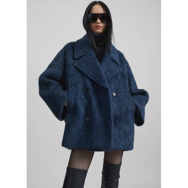 The Frankie Shop Odeone Brushed Wool Peacoat - Navy Melange - Oversized Minimalist Coats in Blue - Shop at Luxury Shoes 