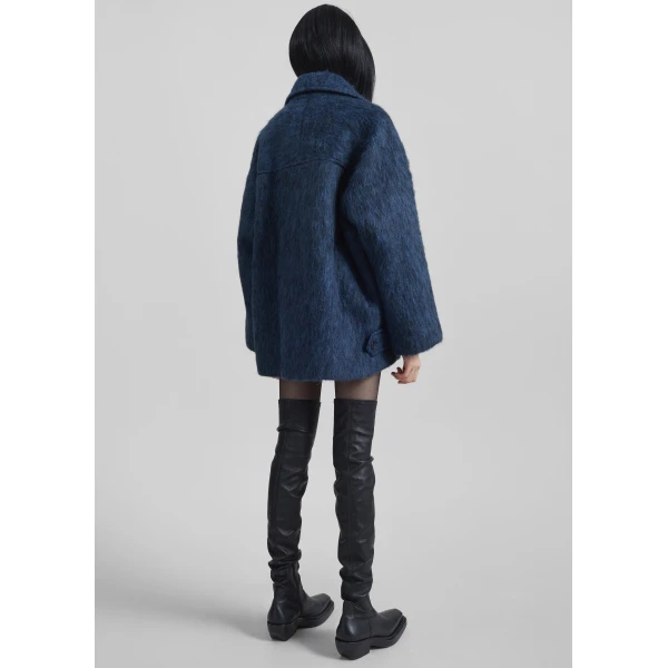 The Frankie Shop Odeone Brushed Wool Peacoat - Navy Melange - Oversized Minimalist Coats in Blue - Shop at Luxury Shoes 