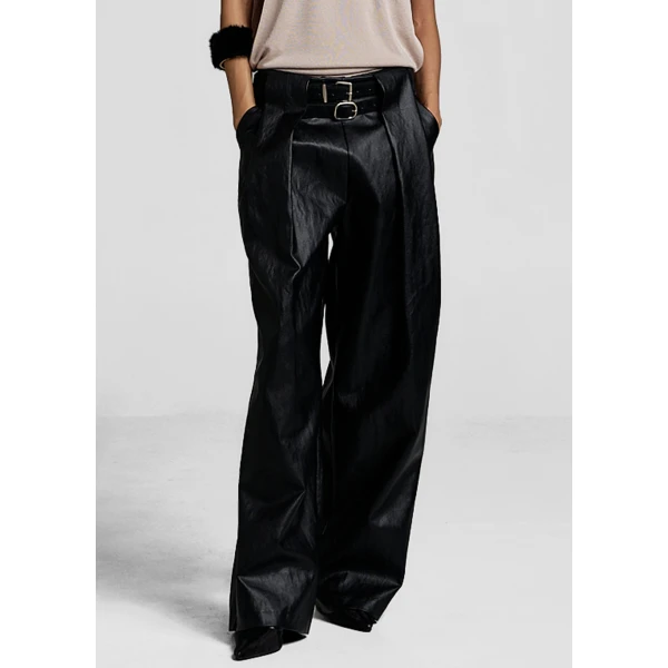 The Frankie Shop Olivet Faux Leather Trousers - Black - Oversized Minimalist Pants in Black - Shop at Luxury Shoes 