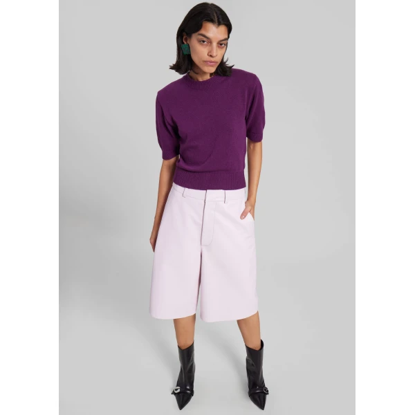 The Frankie Shop Olivia Leather Bermuda Shorts - Faded Pink - Oversized Minimalist Shorts in Pink - Shop at Luxury Shoes 