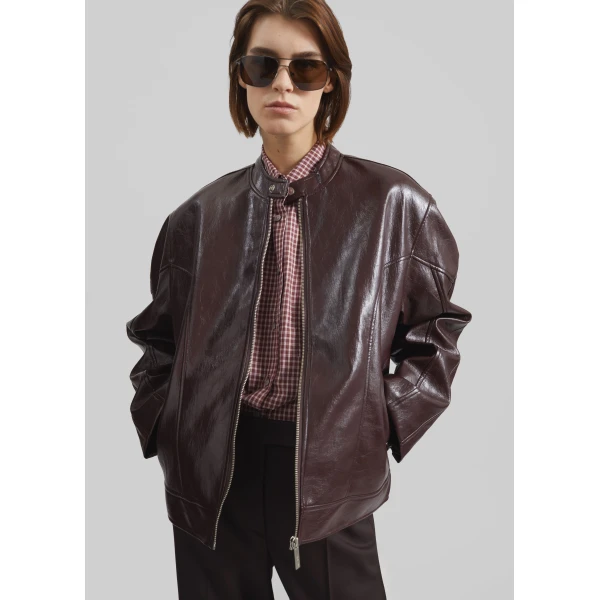 The Frankie Shop Ostend Faux Leather Biker Jacket - Burgundy - Oversized Minimalist Jackets in Red - Shop at Luxury Shoes 