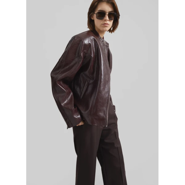 The Frankie Shop Ostend Faux Leather Biker Jacket - Burgundy - Oversized Minimalist Jackets in Red - Shop at Luxury Shoes 