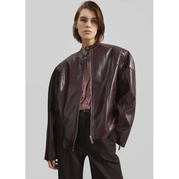 The Frankie Shop Ostend Faux Leather Biker Jacket - Burgundy - Oversized Minimalist Jackets in Red - Shop at Luxury Shoes 