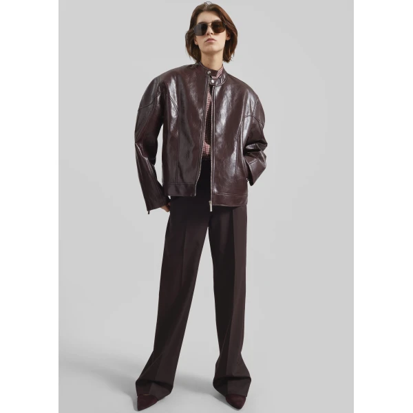 The Frankie Shop Ostend Faux Leather Biker Jacket - Burgundy - Oversized Minimalist Jackets in Red - Shop at Luxury Shoes 