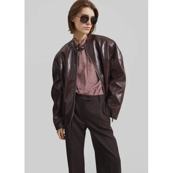 The Frankie Shop Ostend Faux Leather Biker Jacket - Burgundy - Oversized Minimalist Jackets in Red - Shop at Luxury Shoes 