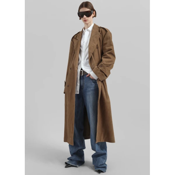 The Frankie Shop Pembroke Faux Suede Trench - Camel - Oversized Minimalist Coats in Brown - Shop at Luxury Shoes 