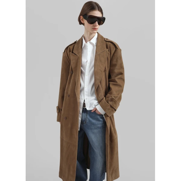 The Frankie Shop Pembroke Faux Suede Trench - Camel - Oversized Minimalist Coats in Brown - Shop at Luxury Shoes 