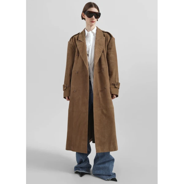 The Frankie Shop Pembroke Faux Suede Trench - Camel - Oversized Minimalist Coats in Brown - Shop at Luxury Shoes 