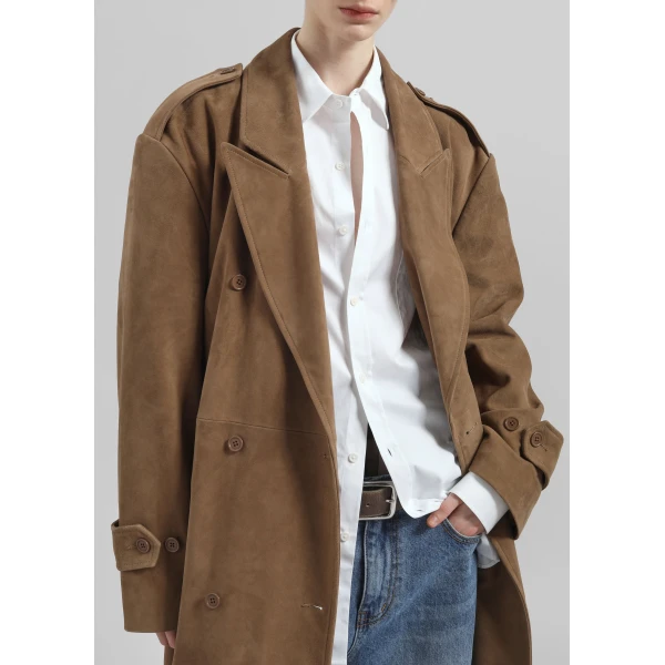 The Frankie Shop Pembroke Faux Suede Trench - Camel - Oversized Minimalist Coats in Brown - Shop at Luxury Shoes 