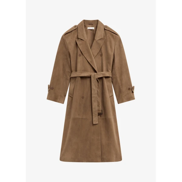 The Frankie Shop Pembroke Faux Suede Trench - Camel - Oversized Minimalist Coats in Brown - Shop at Luxury Shoes 