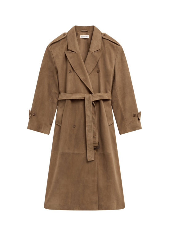 The Frankie Shop Pembroke Faux Suede Trench - Camel - Oversized Minimalist Coats in Brown - Shop at Luxury Shoes 
