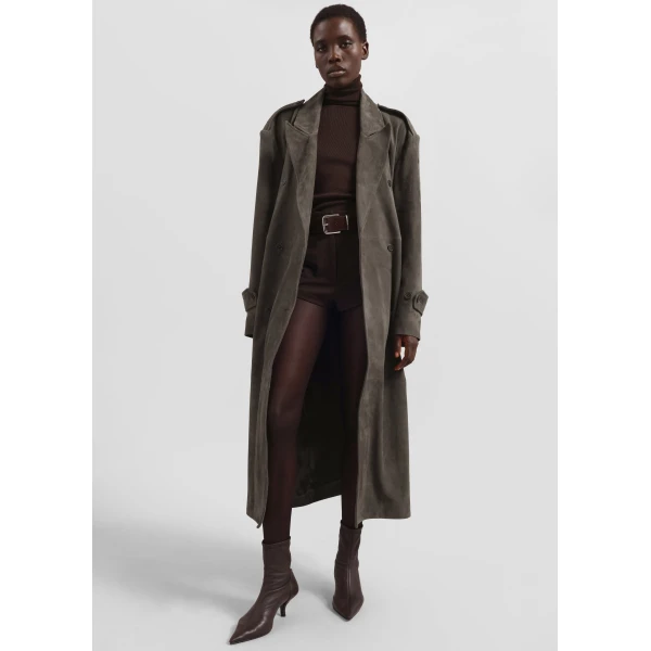 The Frankie Shop Pembroke Faux Suede Trench - Mousse - Oversized Minimalist Coats in Brown - Shop at Luxury Shoes 
