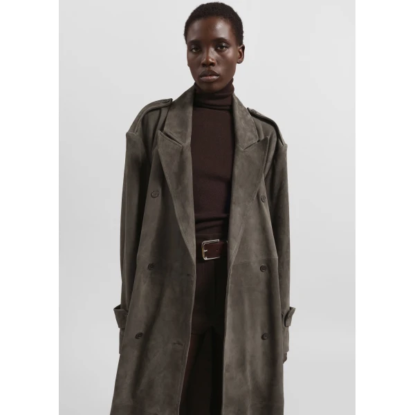The Frankie Shop Pembroke Faux Suede Trench - Mousse - Oversized Minimalist Coats in Brown - Shop at Luxury Shoes 