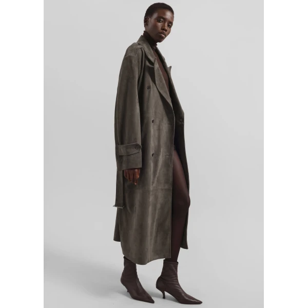 The Frankie Shop Pembroke Faux Suede Trench - Mousse - Oversized Minimalist Coats in Brown - Shop at Luxury Shoes 