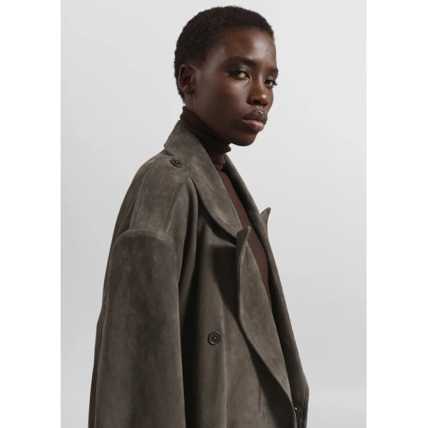 The Frankie Shop Pembroke Faux Suede Trench - Mousse - Oversized Minimalist Coats in Brown - Shop at Luxury Shoes 