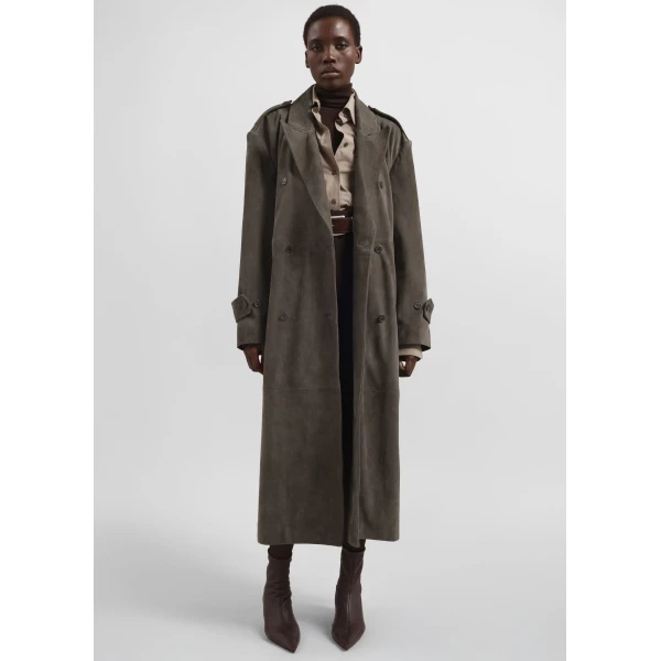 The Frankie Shop Pembroke Faux Suede Trench - Mousse - Oversized Minimalist Coats in Brown - Shop at Luxury Shoes 