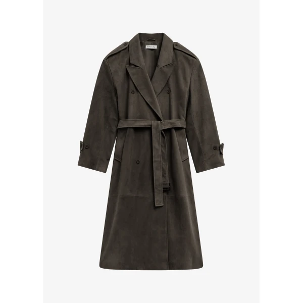 The Frankie Shop Pembroke Faux Suede Trench - Mousse - Oversized Minimalist Coats in Brown - Shop at Luxury Shoes 