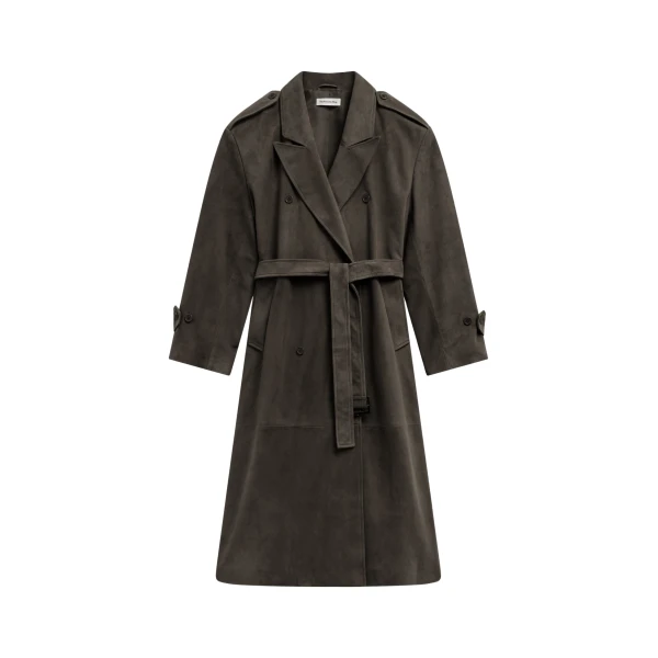 The Frankie Shop Pembroke Faux Suede Trench - Mousse - Oversized Minimalist Coats in Brown - Shop at Luxury Shoes 