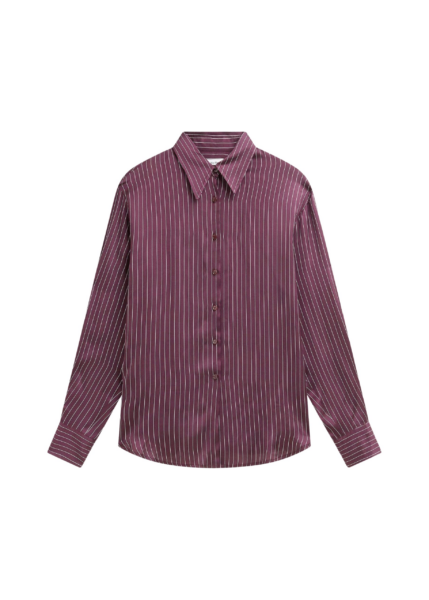 The Frankie Shop Peri Satin Fluid Shirt - Burgundy/White Pinstripe - Oversized Minimalist Tops in Red - Shop at Luxury Shoes 