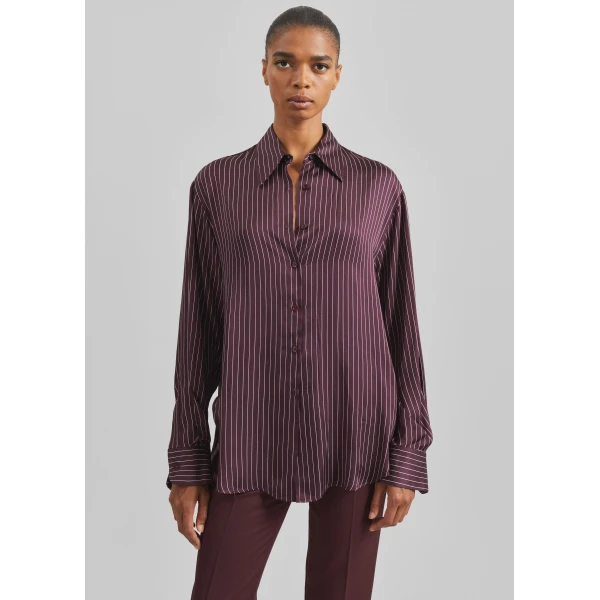The Frankie Shop Peri Satin Fluid Shirt - Burgundy/White Pinstripe - Oversized Minimalist Tops in Red - Shop at Luxury Shoes 