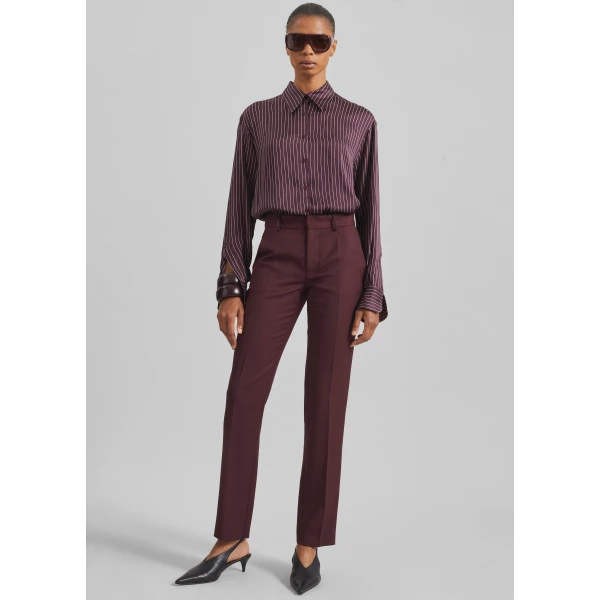 The Frankie Shop Peri Satin Fluid Shirt - Burgundy/White Pinstripe - Oversized Minimalist Tops in Red - Shop at Luxury Shoes 