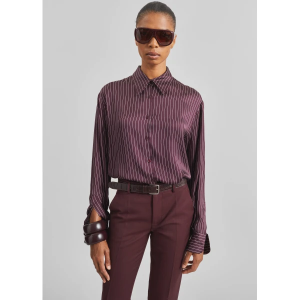 The Frankie Shop Peri Satin Fluid Shirt - Burgundy/White Pinstripe - Oversized Minimalist Tops in Red - Shop at Luxury Shoes 