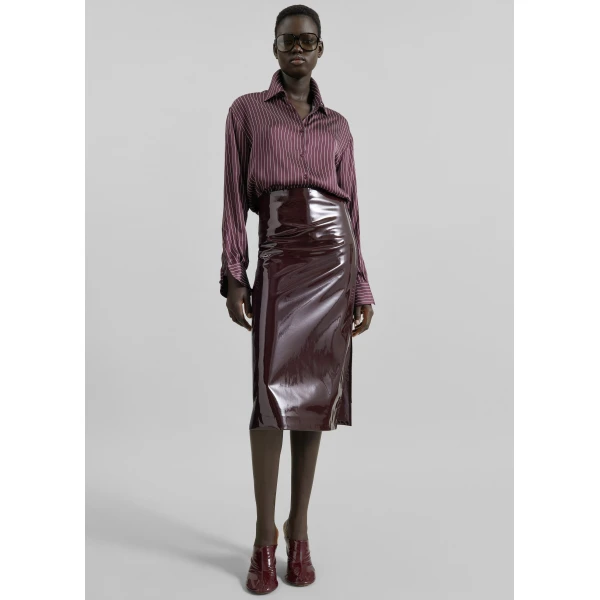 The Frankie Shop Peri Satin Fluid Shirt - Burgundy/White Pinstripe - Oversized Minimalist Tops in Red - Shop at Luxury Shoes 