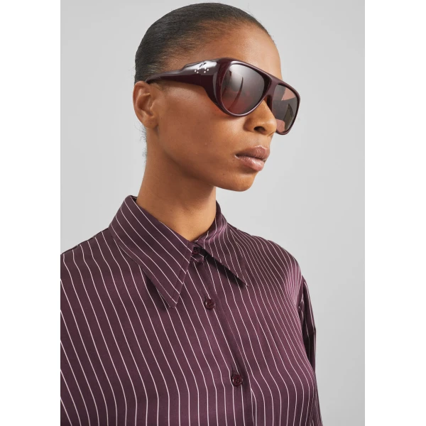 The Frankie Shop Peri Satin Fluid Shirt - Burgundy/White Pinstripe - Oversized Minimalist Tops in Red - Shop at Luxury Shoes 