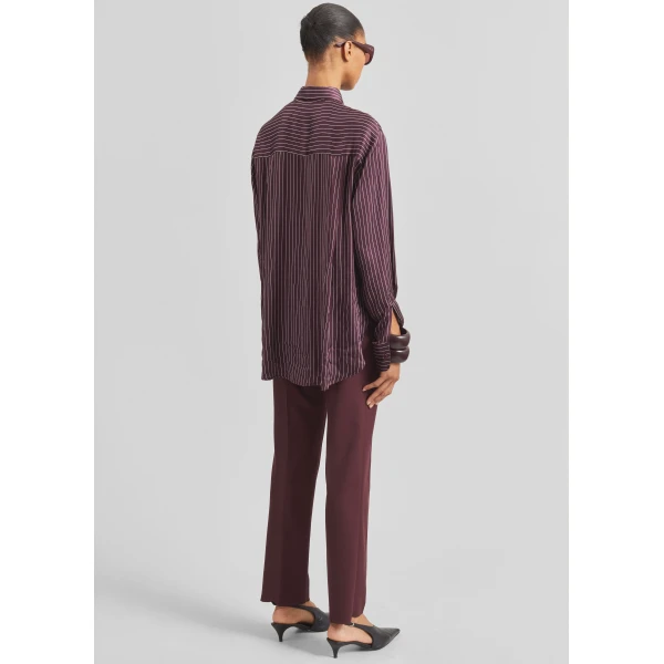 The Frankie Shop Peri Satin Fluid Shirt - Burgundy/White Pinstripe - Oversized Minimalist Tops in Red - Shop at Luxury Shoes 