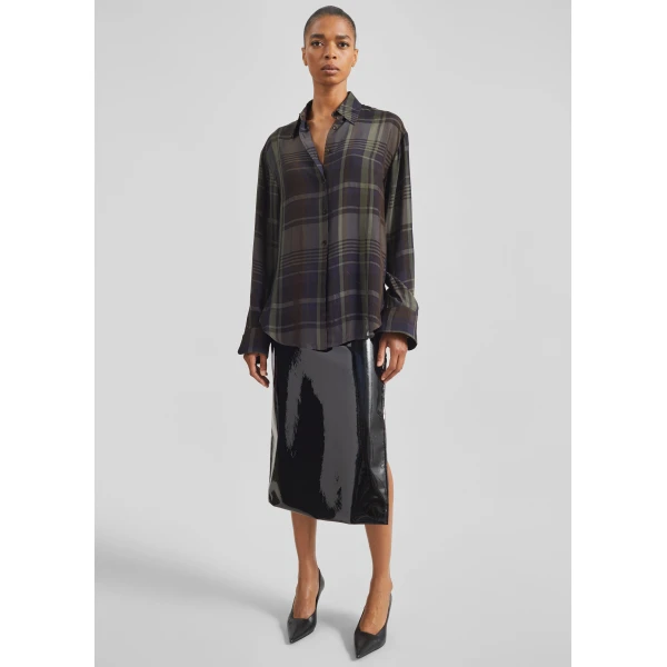 The Frankie Shop Peri Sheer Fluid Shirt - Navy Tartan - Oversized Minimalist Tops in Blue - Shop at Luxury Shoes 