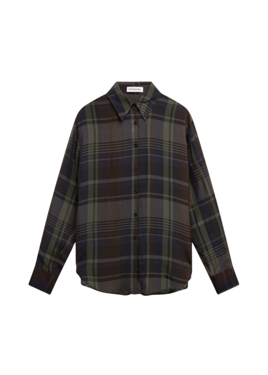 The Frankie Shop Peri Sheer Fluid Shirt - Navy Tartan - Oversized Minimalist Tops in Blue - Shop at Luxury Shoes 