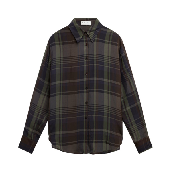 The Frankie Shop Peri Sheer Fluid Shirt - Navy Tartan - Oversized Minimalist Tops in Blue - Shop at Luxury Shoes 