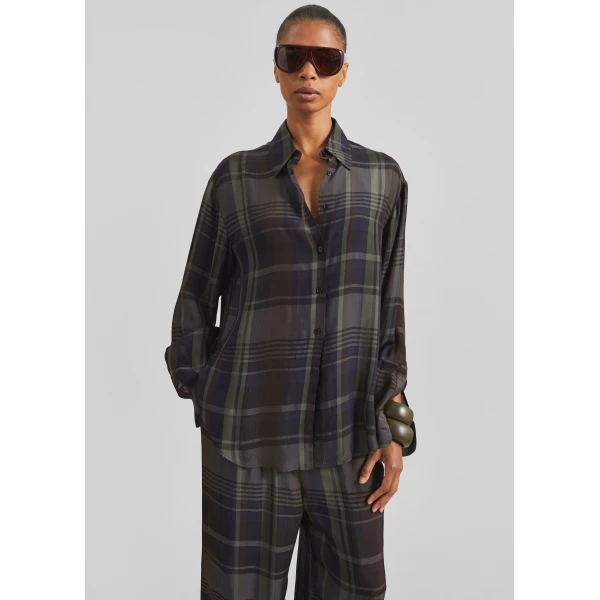 The Frankie Shop Peri Sheer Fluid Shirt - Navy Tartan - Oversized Minimalist Tops in Blue - Shop at Luxury Shoes 