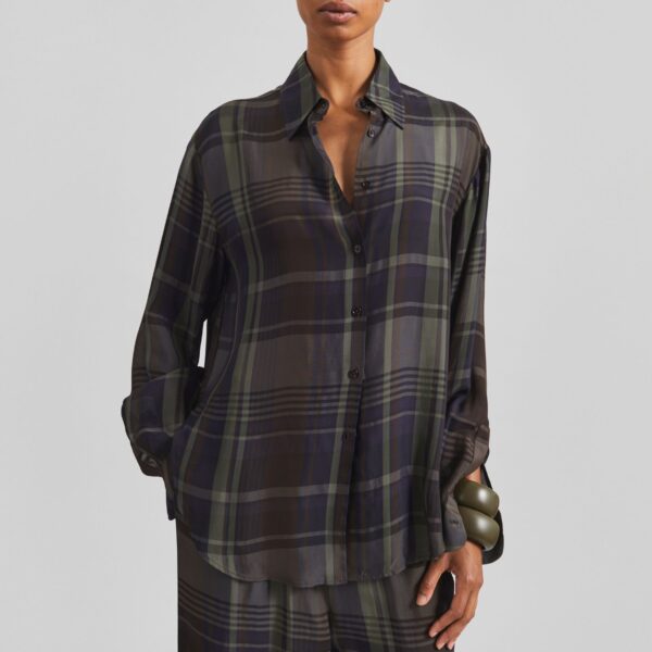 The Frankie Shop Peri Sheer Fluid Shirt – Navy Tartan, view 4