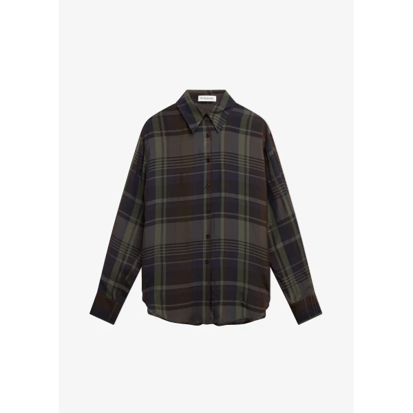 The Frankie Shop Peri Sheer Fluid Shirt - Navy Tartan - Oversized Minimalist Tops in Blue - Shop at Luxury Shoes 