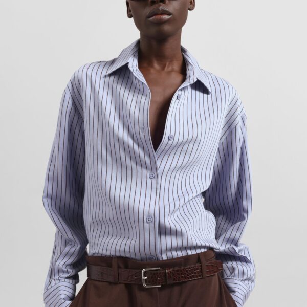 The Frankie Shop Peri Striped Fluid Shirt – Blue/Brown, view 2