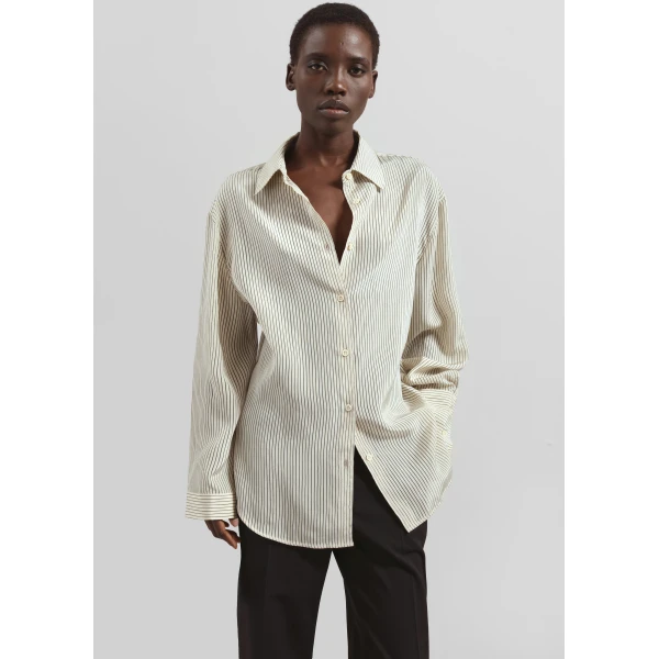The Frankie Shop Peri Striped Shirt - Ivory/Black - Oversized Minimalist Tops in Black - Shop at Luxury Shoes 