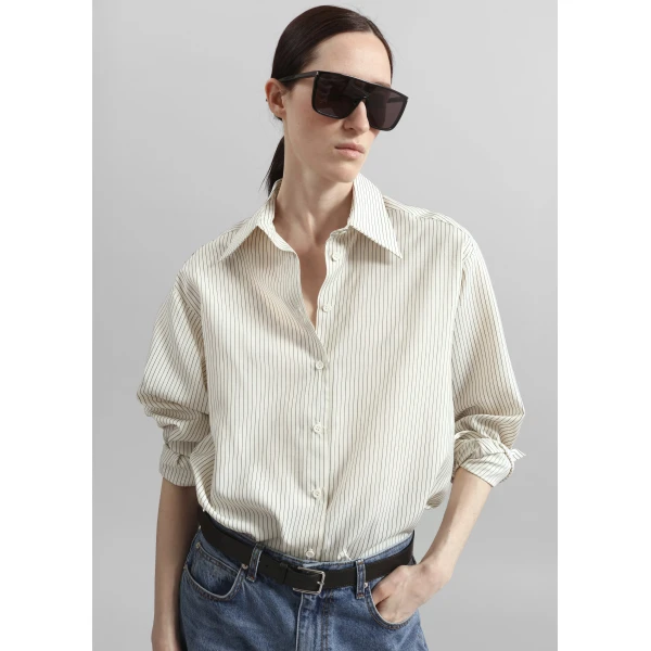 The Frankie Shop Peri Striped Shirt - Ivory/Black - Oversized Minimalist Tops in Black - Shop at Luxury Shoes 