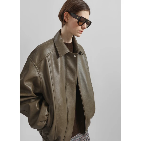 The Frankie Shop Prescott Faux Leather Jacket - Moss Green - Oversized Minimalist Jackets in Green - Shop at Luxury Shoes 