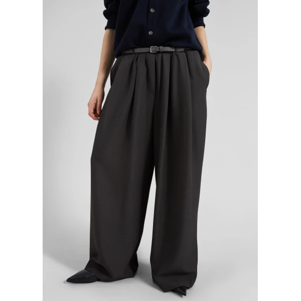The Frankie Shop Ramsen Pleated Wide Trousers - Charcoal - Oversized Minimalist Pants in Blue - Shop at Luxury Shoes 